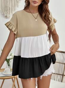 SHEIN Maternity Colourblock Flounce Sleeve Ruffle Hem Blouse - Multicolor - View 1