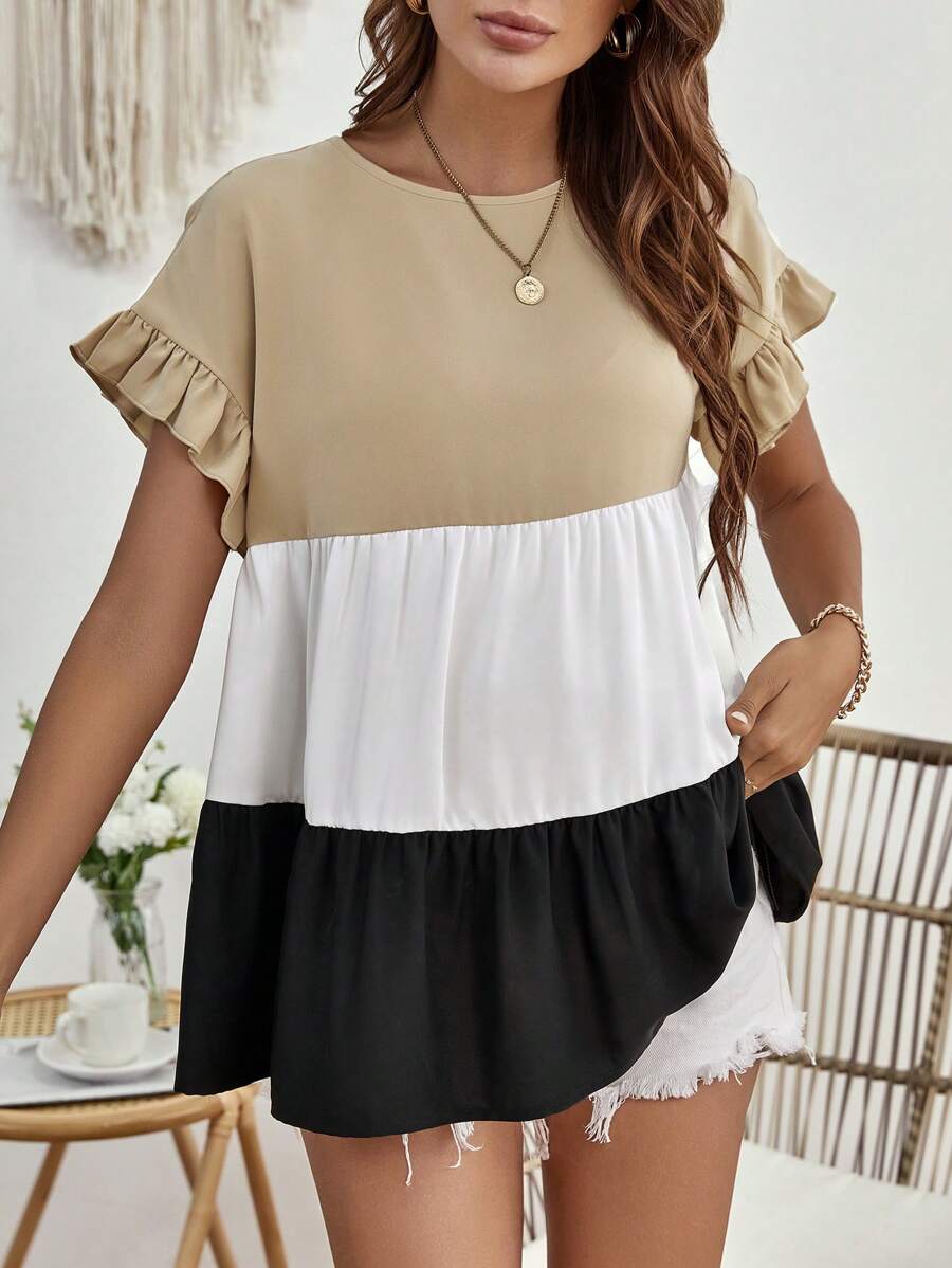 SHEIN Maternity Colourblock Flounce Sleeve Ruffle Hem Blouse - Multicolor - View 1