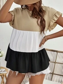 SHEIN Maternity Colourblock Flounce Sleeve Ruffle Hem Blouse - Multicolor - View 3