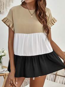 SHEIN Maternity Colourblock Flounce Sleeve Ruffle Hem Blouse - Multicolor - View 8