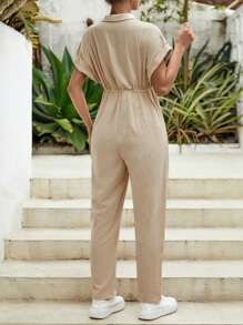 SHEIN Maternidad Mono camisero de manga murciélago de cintura con cordón - Caqui - Ver 2