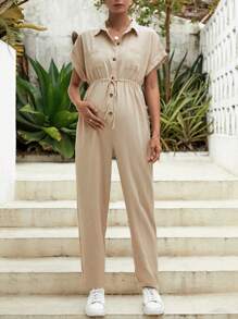 SHEIN Maternidad Mono camisero de manga murciélago de cintura con cordón - Caqui - Ver 3