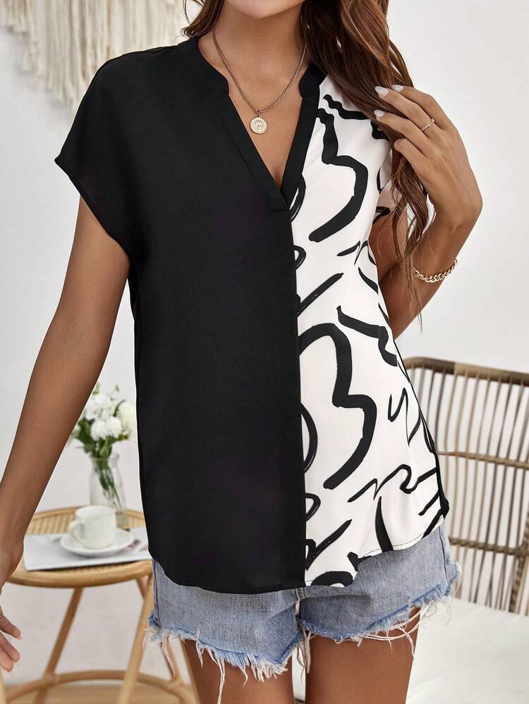 SHEIN Maternity Graphic Print Batwing Sleeve Blouse - Black and White - View 5