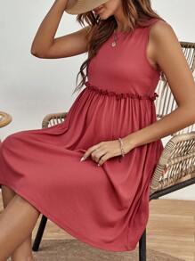 SHEIN Maternity Solid Frill Trim Dress - Watermelon Pink - View 3