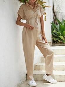 SHEIN Maternidad Mono camisero de manga murciélago de cintura con cordón - Caqui - Ver 5