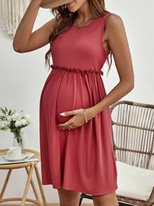 SHEIN Maternity Solid Frill Trim Dress - Watermelon Pink - View 4