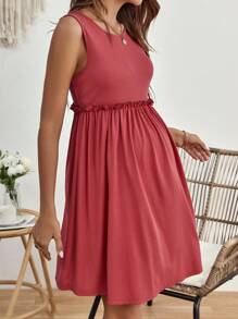 SHEIN Maternity Solid Frill Trim Dress - Watermelon Pink - View 5
