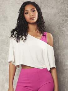VARSITIE Solid Asymmetrical Neck Crop Tee Without Bra - White - View 1