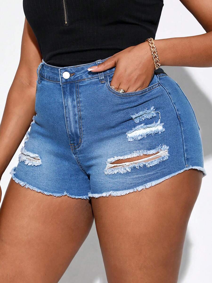 SHEIN SXY 大碼破洞毛邊牛仔短褲 - 中等水洗藍 - 查看 1