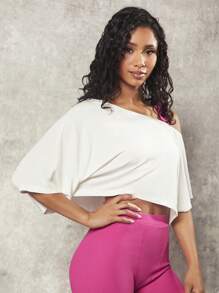 VARSITIE Solid Asymmetrical Neck Crop Tee Without Bra - White - View 3