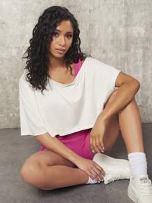 VARSITIE Solid Asymmetrical Neck Crop Tee Without Bra - White - View 4