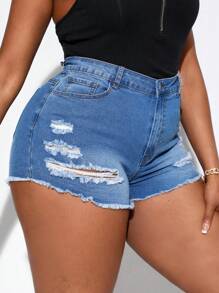 SHEIN SXY 大碼破洞毛邊牛仔短褲 - 中等水洗藍 - 查看 5