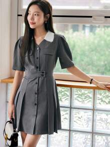 DAZY Cổ áo tương phản Ống tay áo Xếp nếp Váy có thắt lưng - Xám - Xem 1