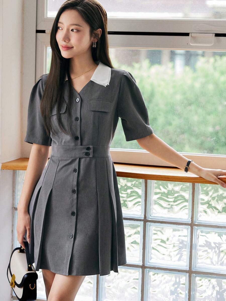 DAZY Cổ áo tương phản Ống tay áo Xếp nếp Váy có thắt lưng - Xám - Xem 1