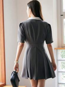 DAZY Cổ áo tương phản Ống tay áo Xếp nếp Váy có thắt lưng - Xám - Xem 2