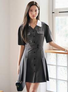 DAZY Cổ áo tương phản Ống tay áo Xếp nếp Váy có thắt lưng - Xám - Xem 3