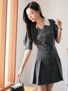 DAZY Cổ áo tương phản Ống tay áo Xếp nếp Váy có thắt lưng - Xám - Xem 7