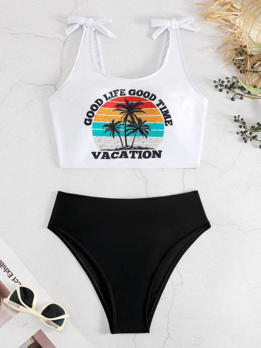 SHEIN Swim Summer Beach Tropical Print Tie Shoulder Bikini Set - Multicolor - View 1