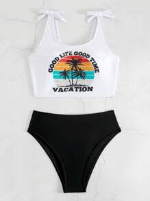 SHEIN Swim Summer Beach Tropical Print Tie Shoulder Bikini Set - Multicolor - View 3