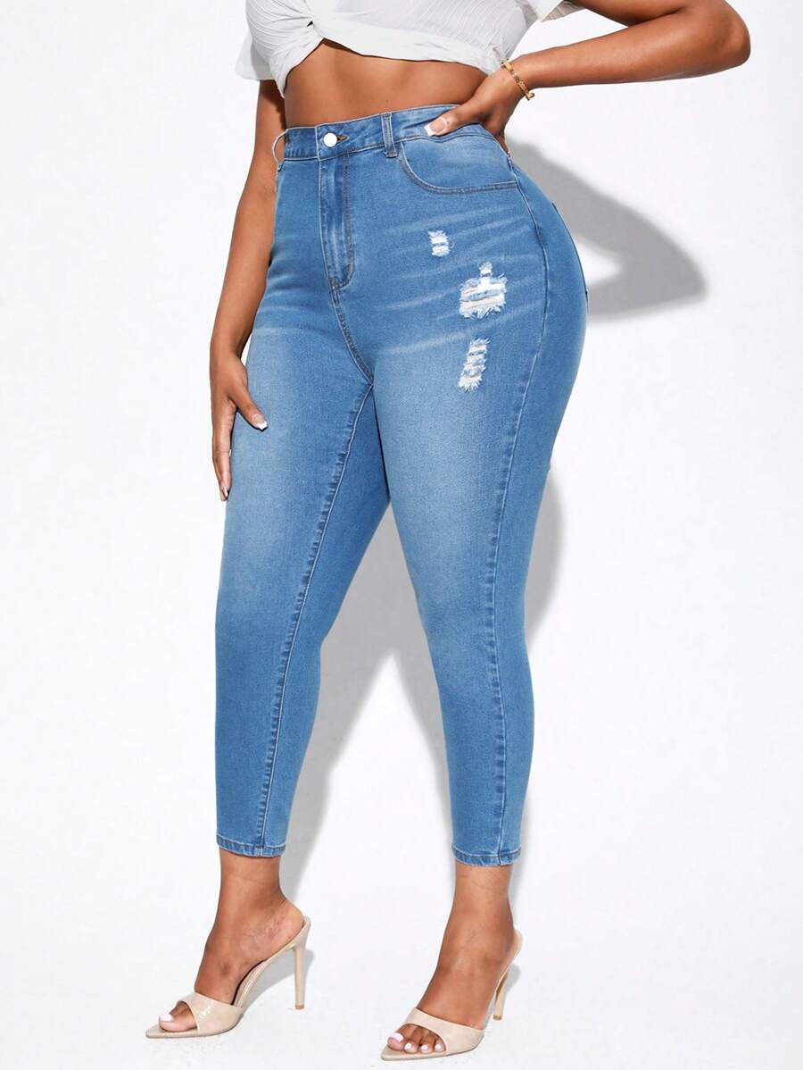 SHEIN SXY Plus High Waist Ripped Skinny Jeans - Light Wash - View 1
