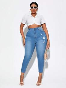 SHEIN SXY Plus High Waist Ripped Skinny Jeans - Light Wash - View 3