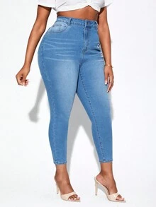 SHEIN SXY Plus High Waist Ripped Skinny Jeans - Light Wash - View 6