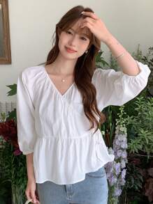 DAZY 純色交叉v領泡泡袖上衣 - 白色 - 查看 1