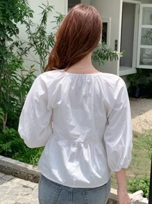 DAZY 純色交叉v領泡泡袖上衣 - 白色 - 查看 2