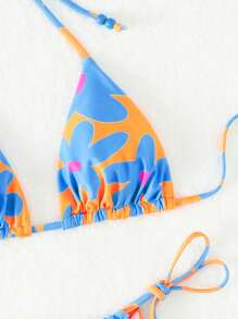 Floral Print Halter Triangle Bikini Set - Multicolor - View 3