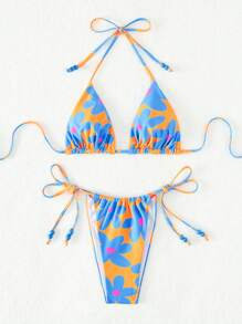 Floral Print Halter Triangle Bikini Set - Multicolor - View 6