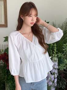 DAZY 純色交叉v領泡泡袖上衣 - 白色 - 查看 5