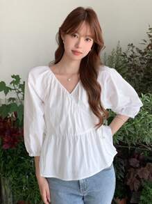 DAZY 純色交叉v領泡泡袖上衣 - 白色 - 查看 6