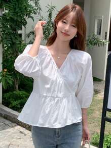 DAZY 純色交叉v領泡泡袖上衣 - 白色 - 查看 7