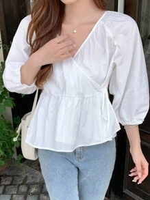 DAZY 純色交叉v領泡泡袖上衣 - 白色 - 查看 8