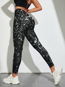 Core Rhythm 大理石印花宽腰带手机口袋侧运动紧身裤瑜伽女裤 - 黑與白 - 查看 2