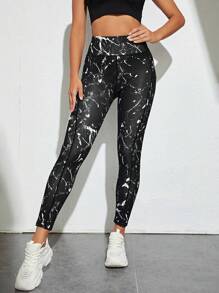 Core Rhythm 大理石印花宽腰带手机口袋侧运动紧身裤瑜伽女裤 - 黑與白 - 查看 3