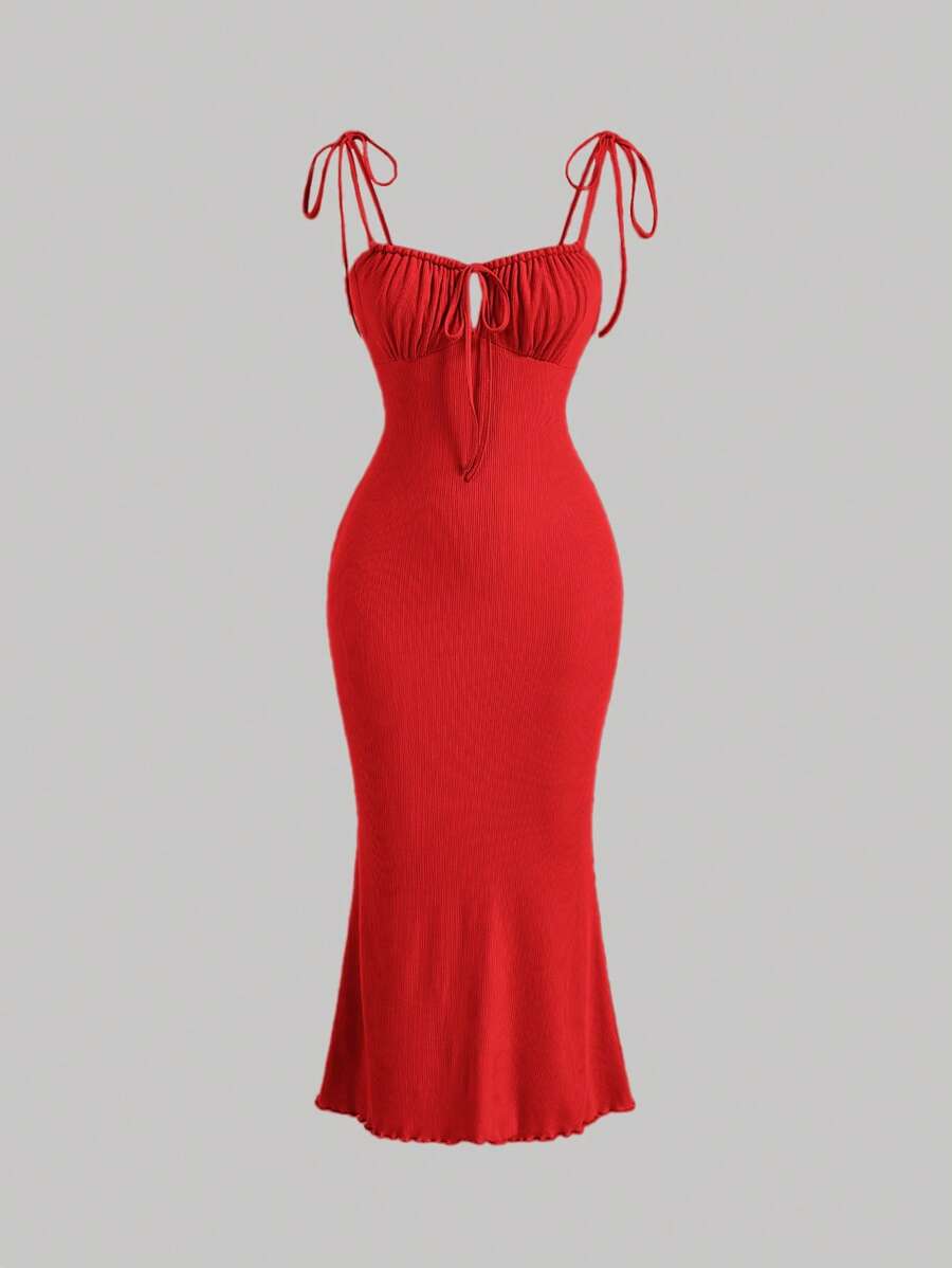 SHEIN MOD Tie Shoulder Ruched Bust Mermaid Hem Cami Dress,Valentine Outfits - Red - View 1