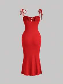 SHEIN MOD Tie Shoulder Ruched Bust Mermaid Hem Cami Dress,Valentine Outfits - Red - View 2