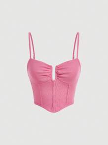 SHEIN MOD 素色胸部褶皺吊帶上衣 - 粉色 - 查看 1