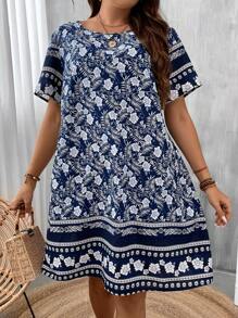 EMERY ROSE Plus Floral Print Tunic Dress, Summer,Beach Dress Sundress,Holiday Outfits Boho - Navy Blue - View 1