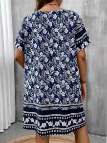 EMERY ROSE Plus Floral Print Tunic Dress, Summer,Beach Dress Sundress,Holiday Outfits Boho - Navy Blue - View 2