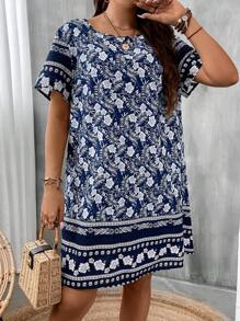 EMERY ROSE Plus Floral Print Tunic Dress, Summer,Beach Dress Sundress,Holiday Outfits Boho - Navy Blue - View 4