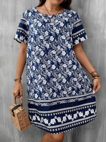 EMERY ROSE Plus Floral Print Tunic Dress, Summer,Beach Dress Sundress,Holiday Outfits Boho - Navy Blue - View 5