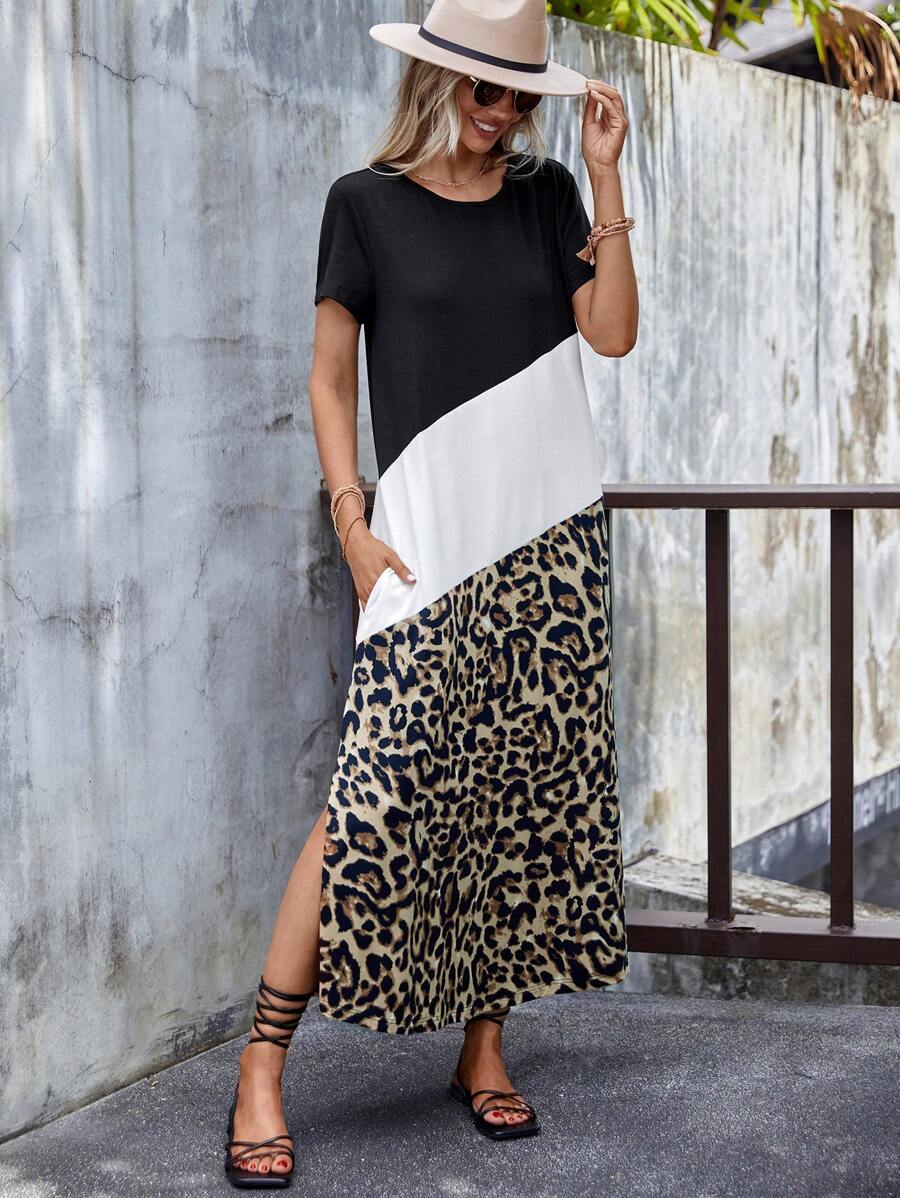 SHEIN LUNE Đầm Túi Chia Khối Màu In hoa Báo Giải trí - Nhiều màu - Xem 1