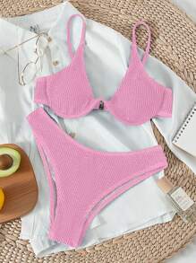 SHEIN Swim Summer Beach Solid Underwire Bikini Set - Pink - View 4