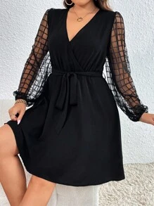 SHEIN Privé Hơn Kẻ sọc tương phản Lưới Tay áo lồng đèn Váy có thắt lưng - màu đen - Xem 1