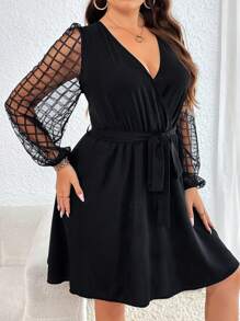 SHEIN Privé Hơn Kẻ sọc tương phản Lưới Tay áo lồng đèn Váy có thắt lưng - màu đen - Xem 3