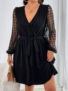 SHEIN Privé Hơn Kẻ sọc tương phản Lưới Tay áo lồng đèn Váy có thắt lưng - màu đen - Xem 5