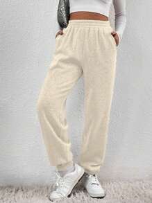 SHEIN EZwear Solid Slant Pocket Elastic Waist Joggers - Apricot - View 1