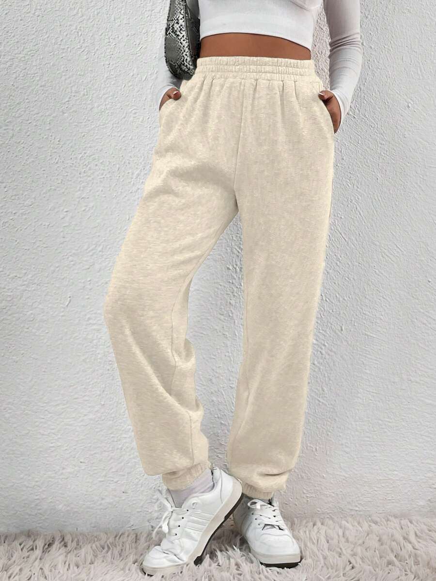 SHEIN EZwear Solid Slant Pocket Elastic Waist Joggers - Apricot - View 1